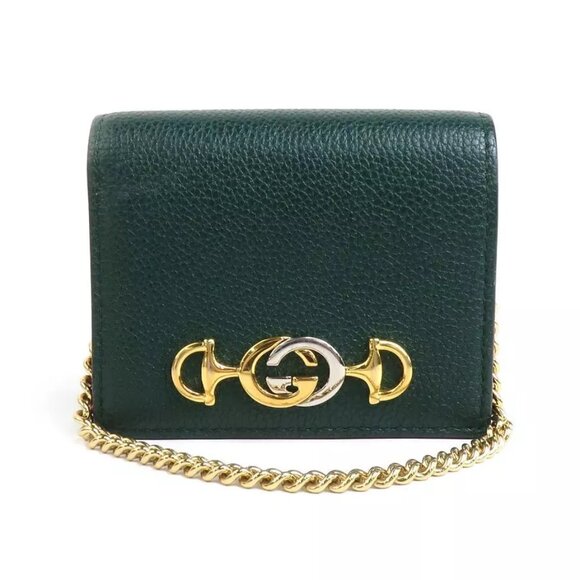 Auth GUCCI Bifold Wallet Chain Wallet Dark Green/Gold/Silver Leather - e59961a